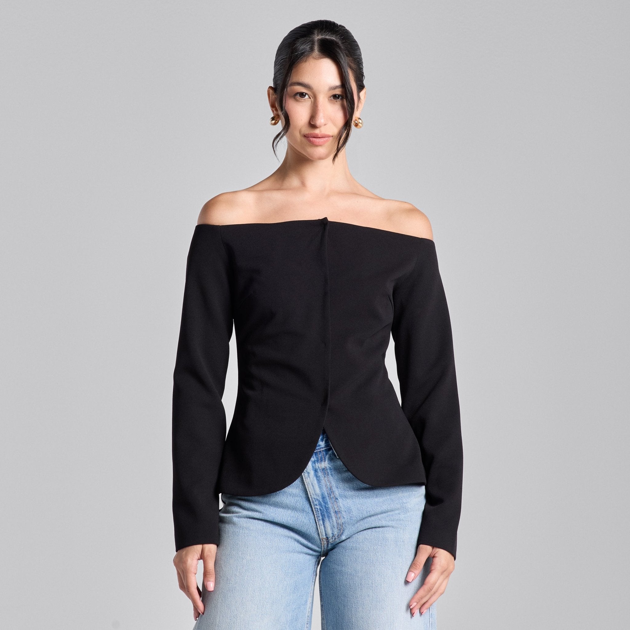 Black Wide V Neck Crepe Blazer - shopaleena