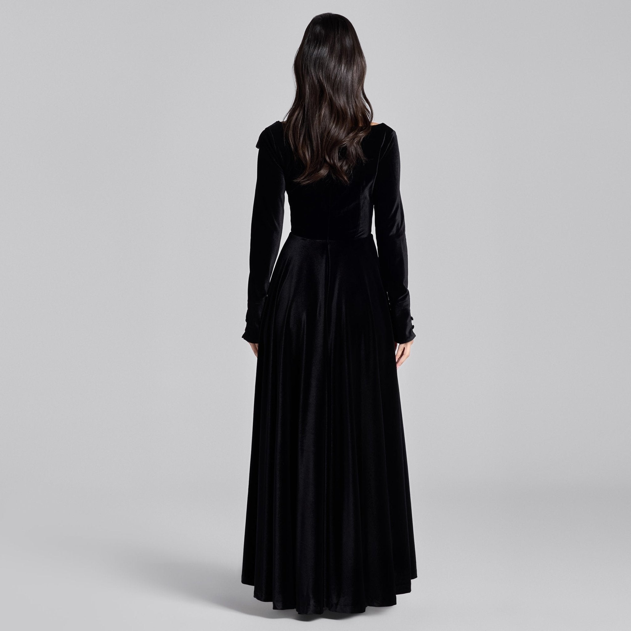 Black Wide V Neck Long Sleeve Velvet Midi Dress - shopaleena