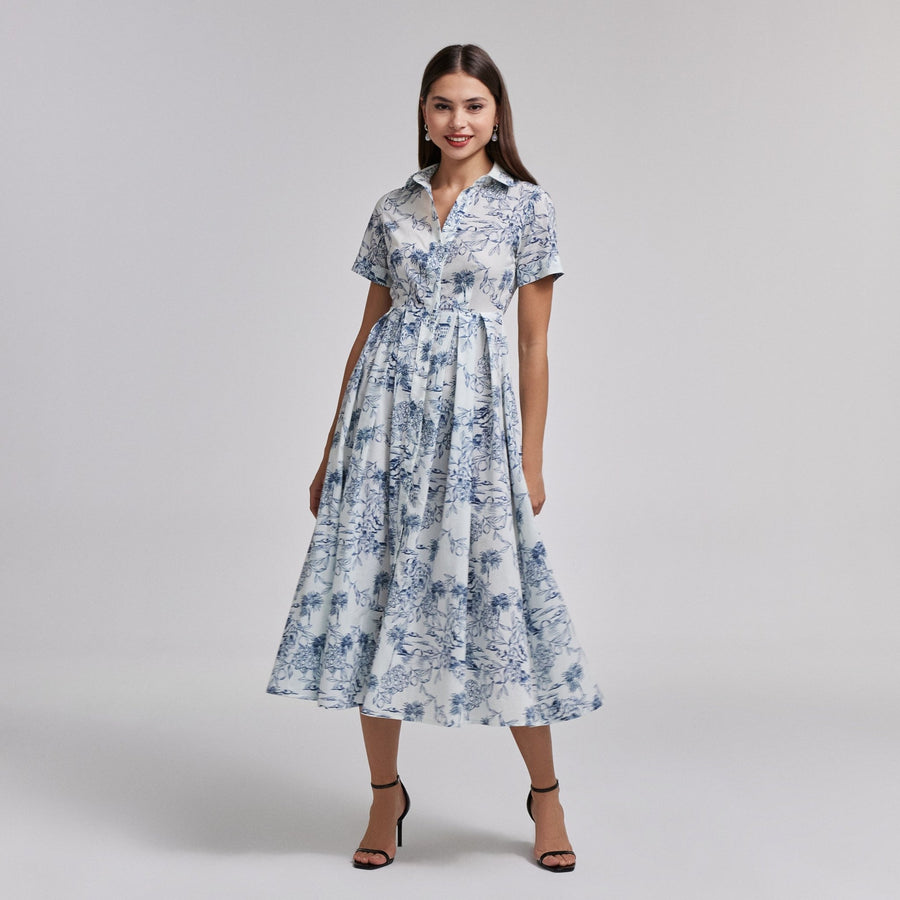 Blue and White Printed Cotton Midi Dress - shopaleena