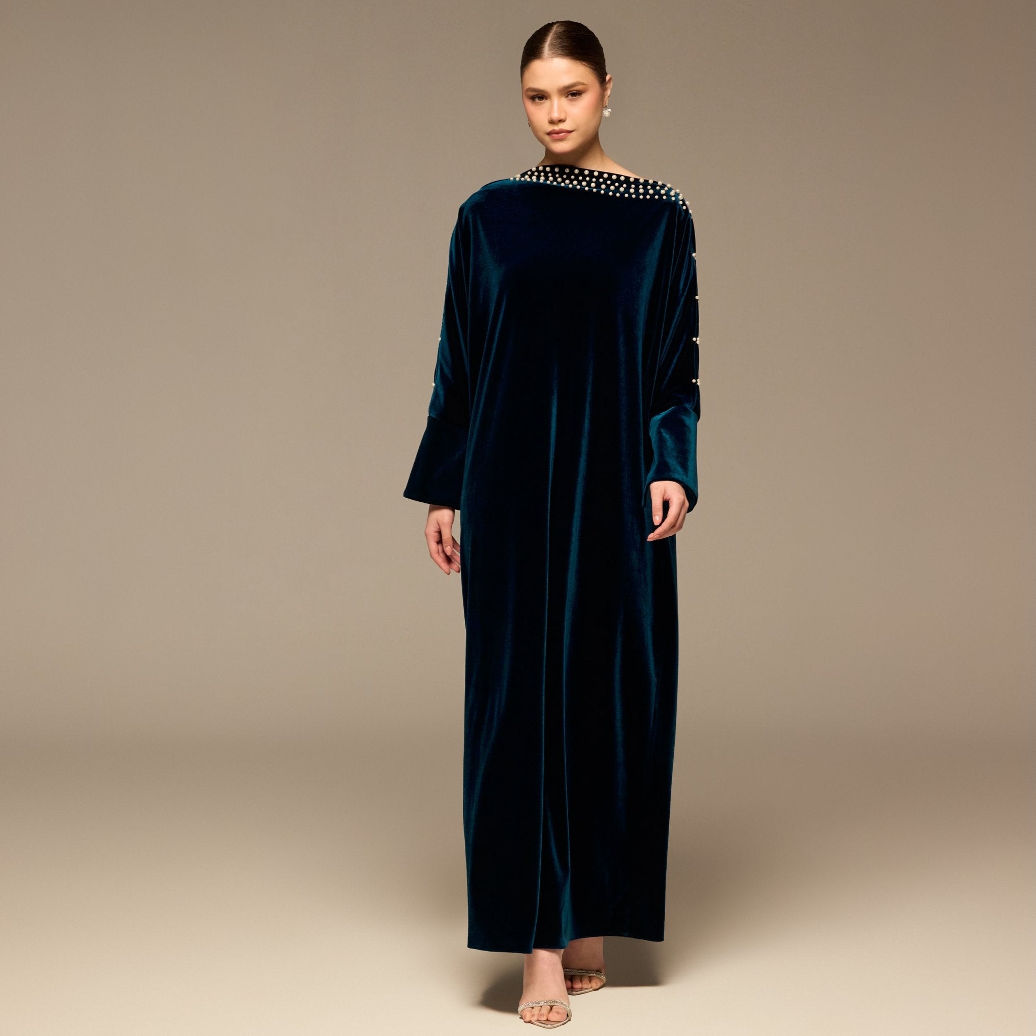 Blue Asymmetric Long Sleeve Velvet Maxi Dress - shopaleena