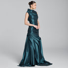 Blue Draped Taffeta Fishtail Gown - shopaleena