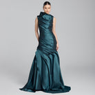 Blue Draped Taffeta Fishtail Gown - shopaleena