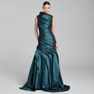 Blue Draped Taffeta Fishtail Gown - shopaleena