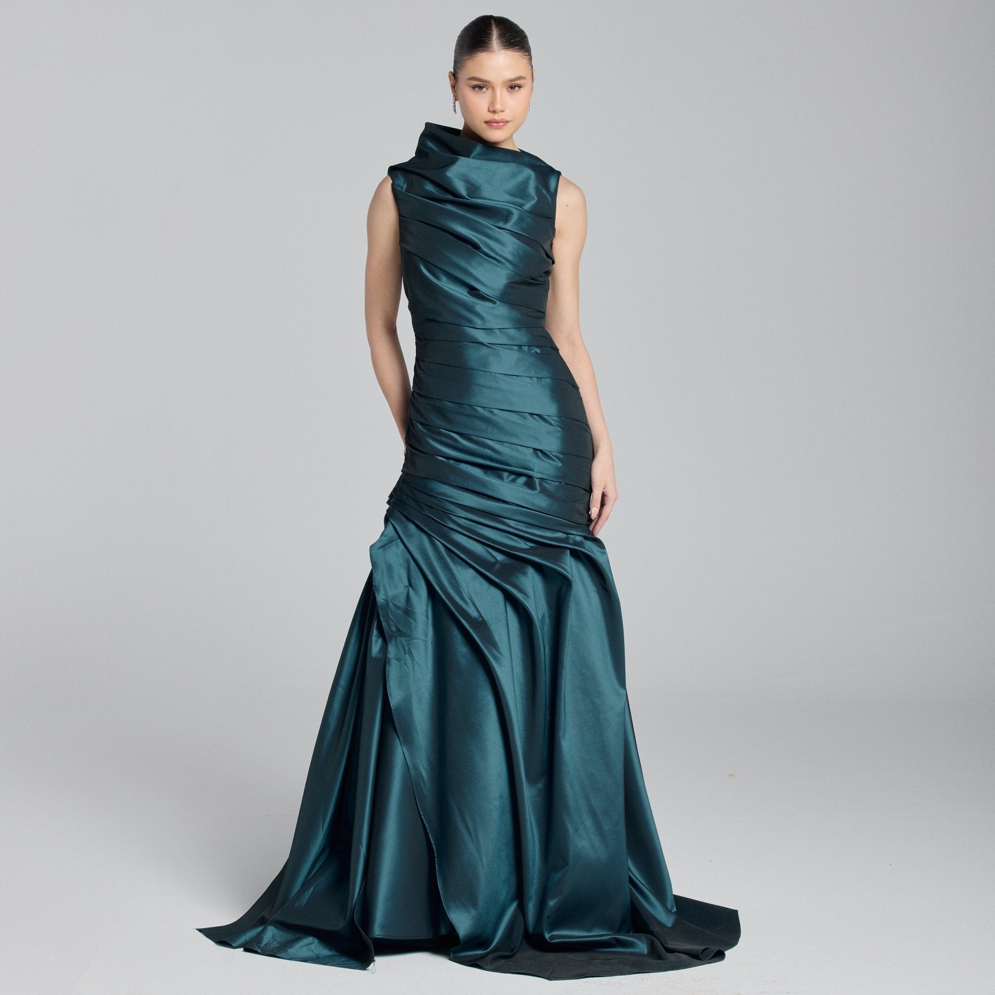 Blue Draped Taffeta Fishtail Gown - shopaleena