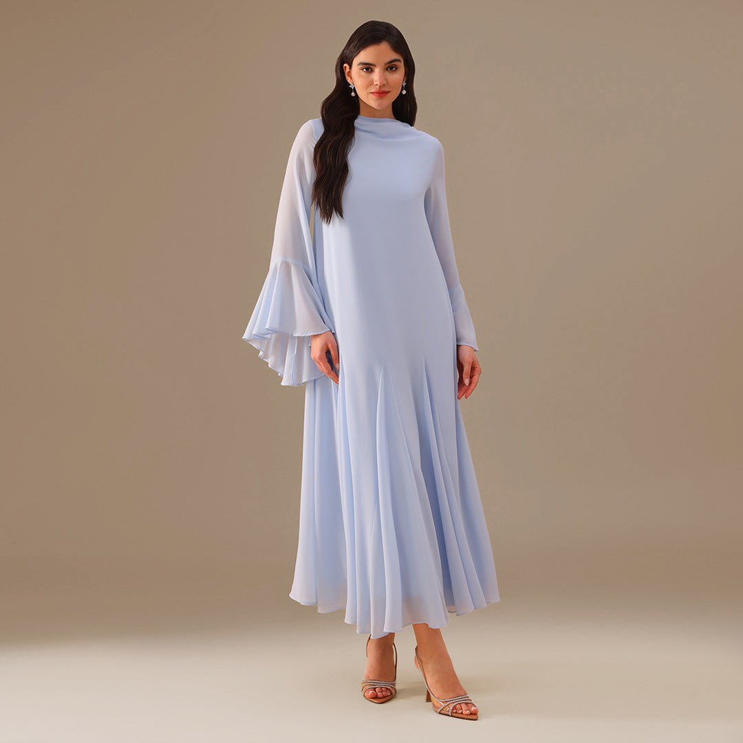 Blue Flared Long Sleeve Chiffon Maxi Dress - shopaleena