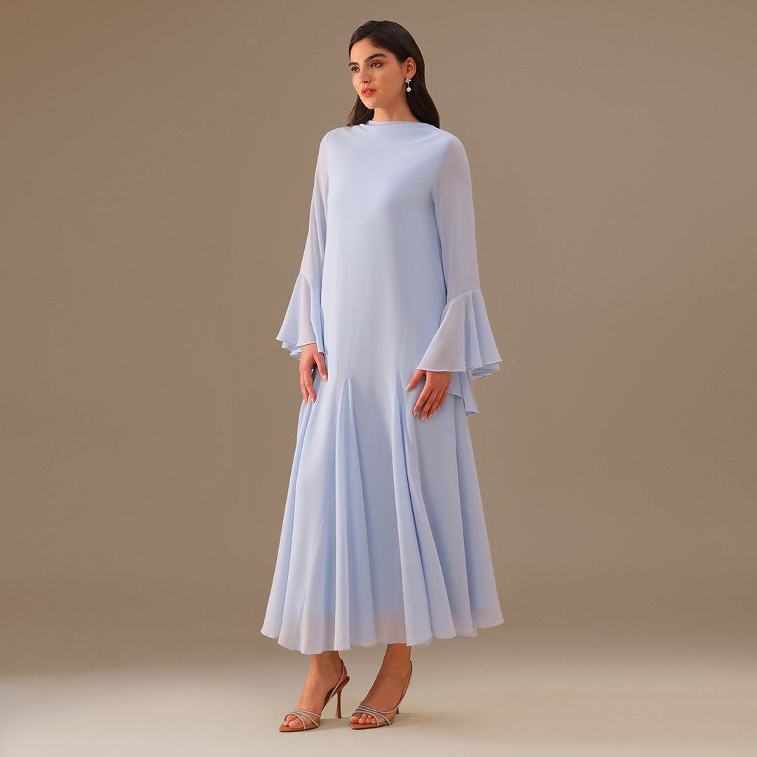 Blue Flared Long Sleeve Chiffon Maxi Dress - shopaleena