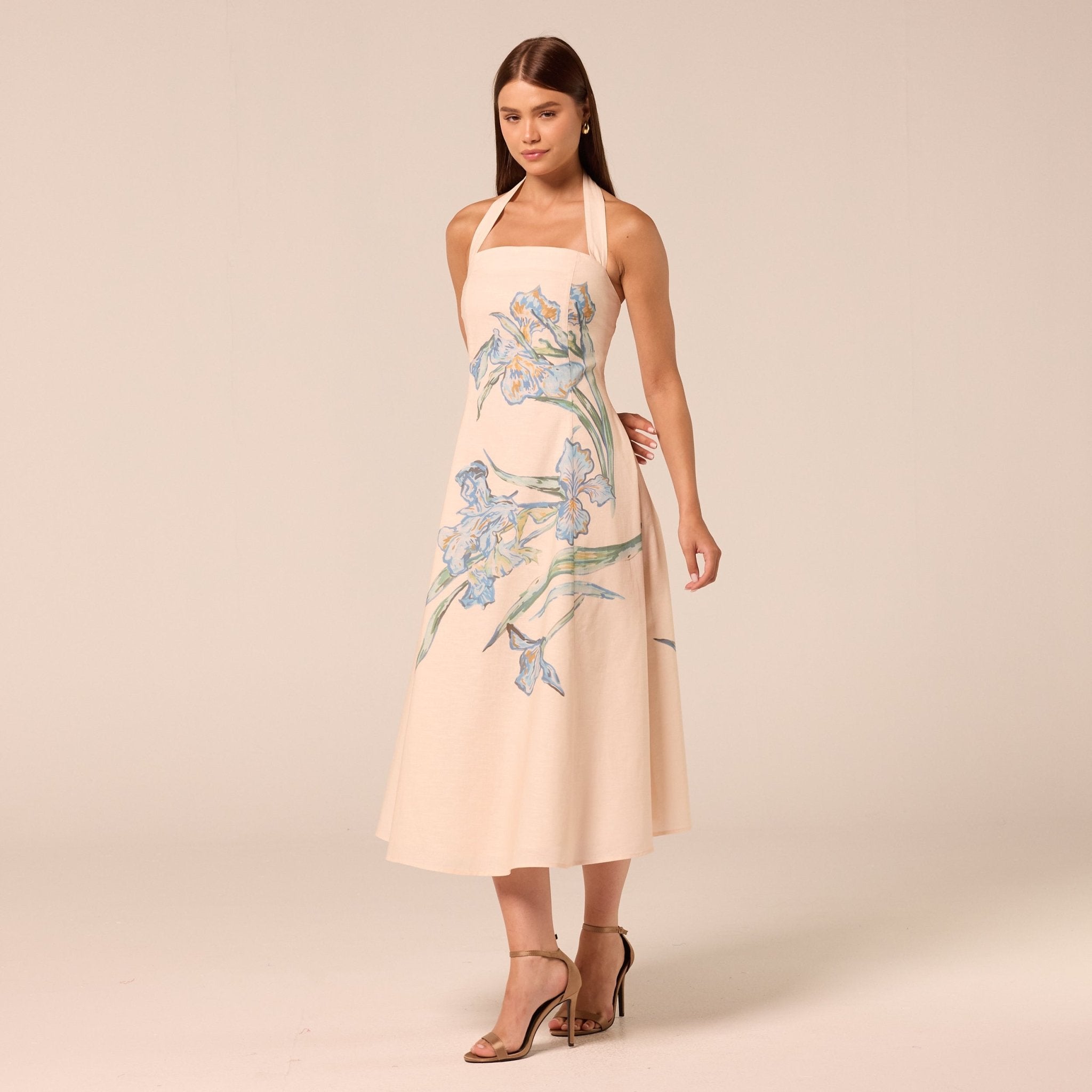 Blue Floral Print Linen Blend Dress - shopaleena