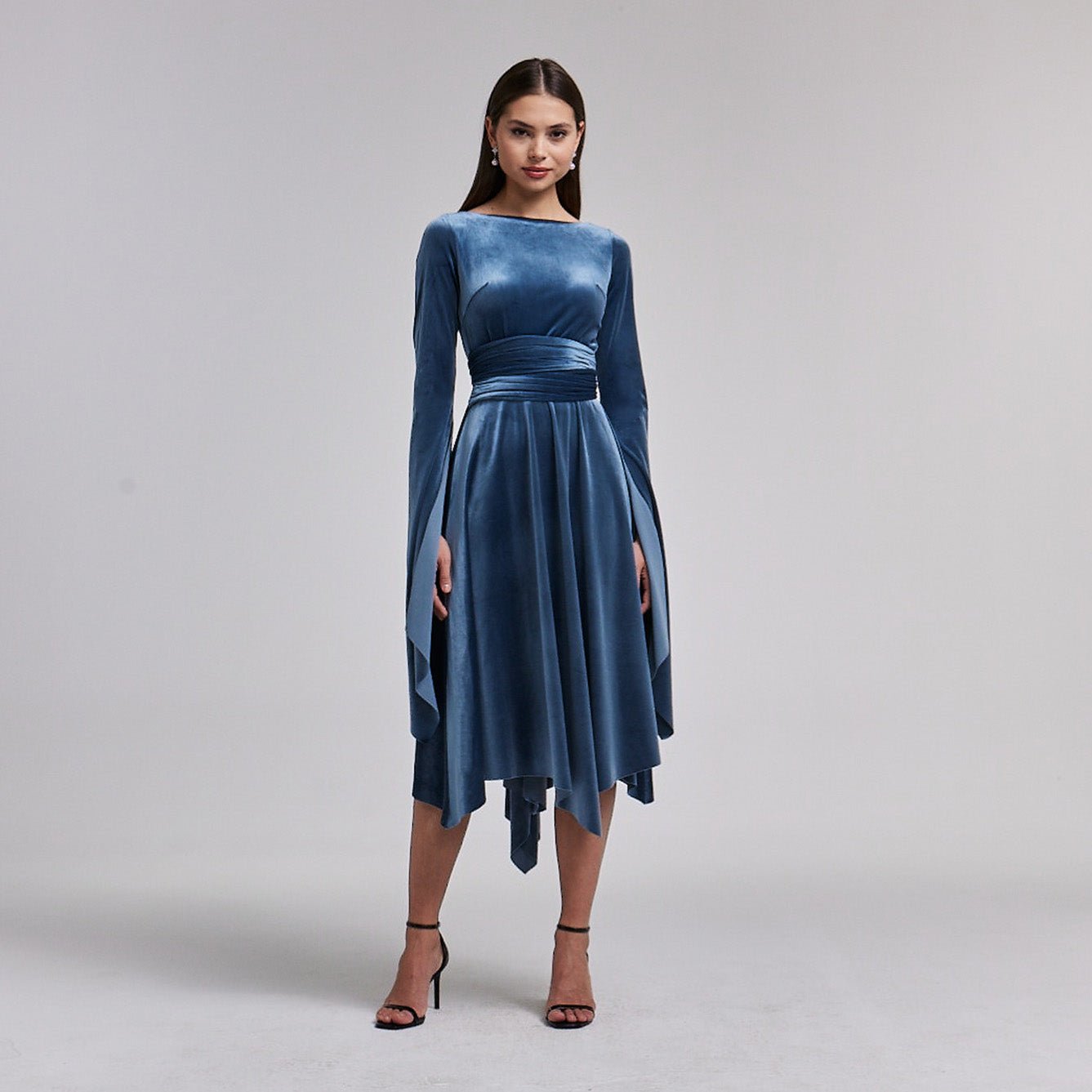 Blue - Grey Cape Sleeve Twist - Waist Velvet Dress - shopaleena