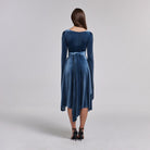 Blue - Grey Cape Sleeve Twist - Waist Velvet Dress - shopaleena