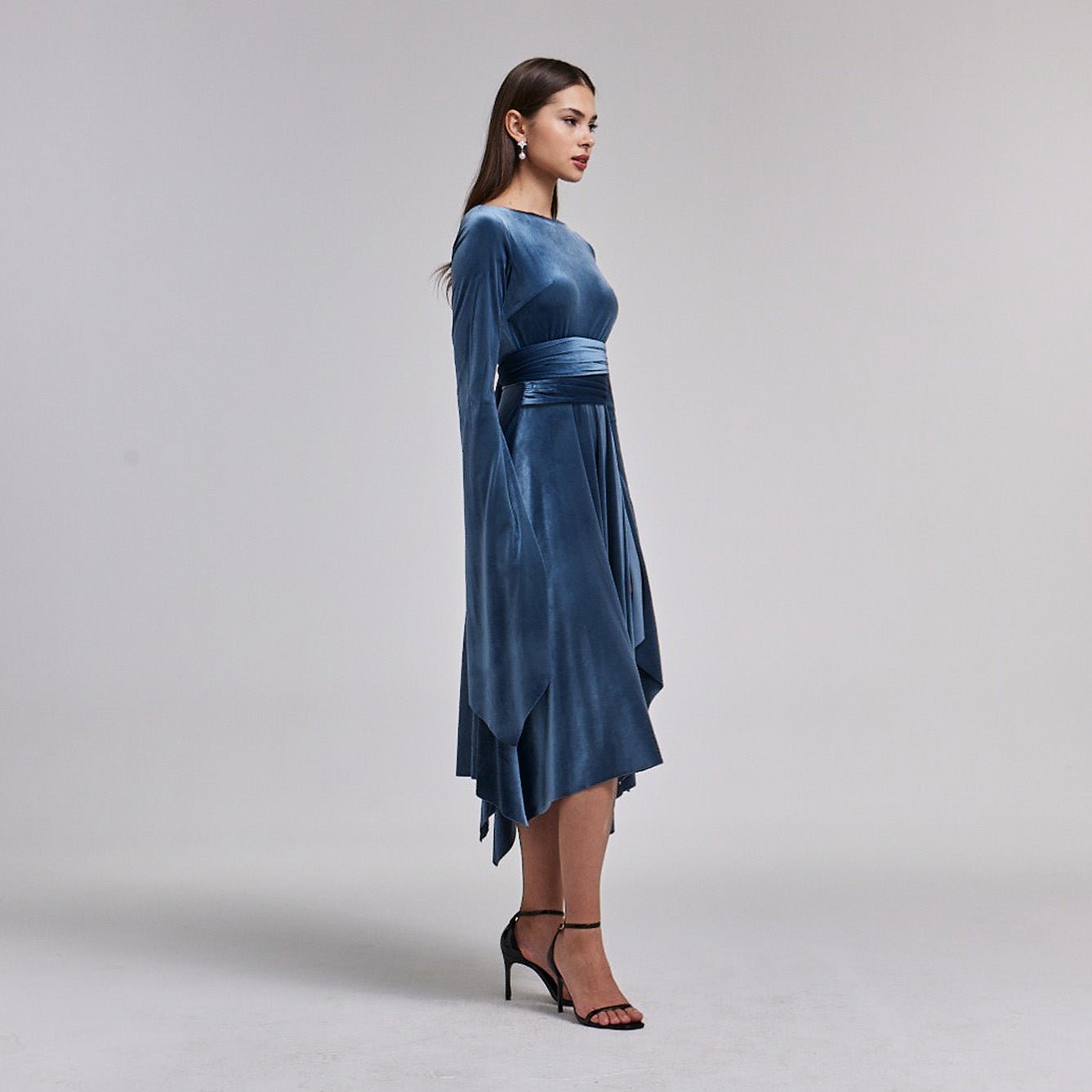 Blue - Grey Cape Sleeve Twist - Waist Velvet Dress - shopaleena