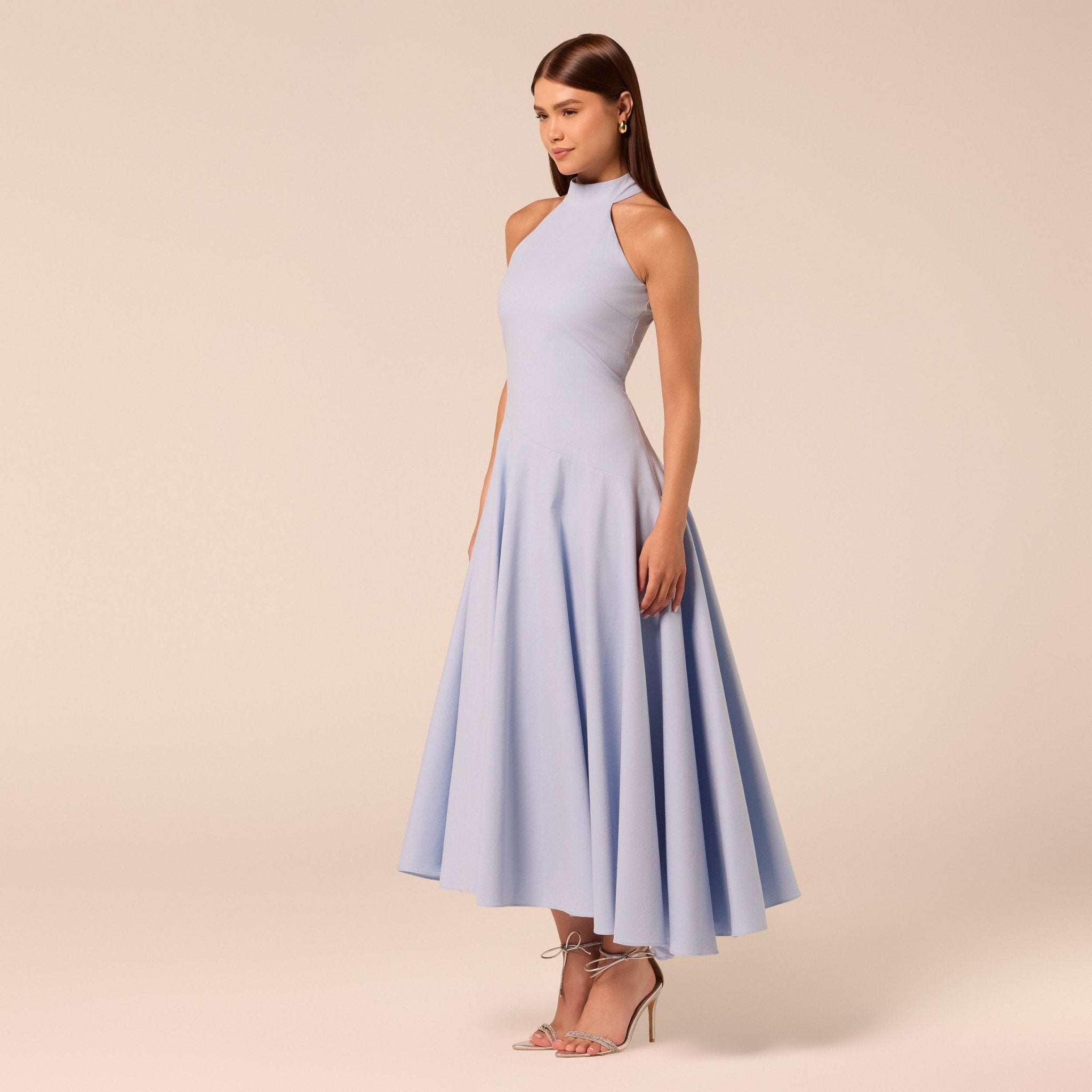 Blue High-Neck Poplin Midi Dress - shopaleena