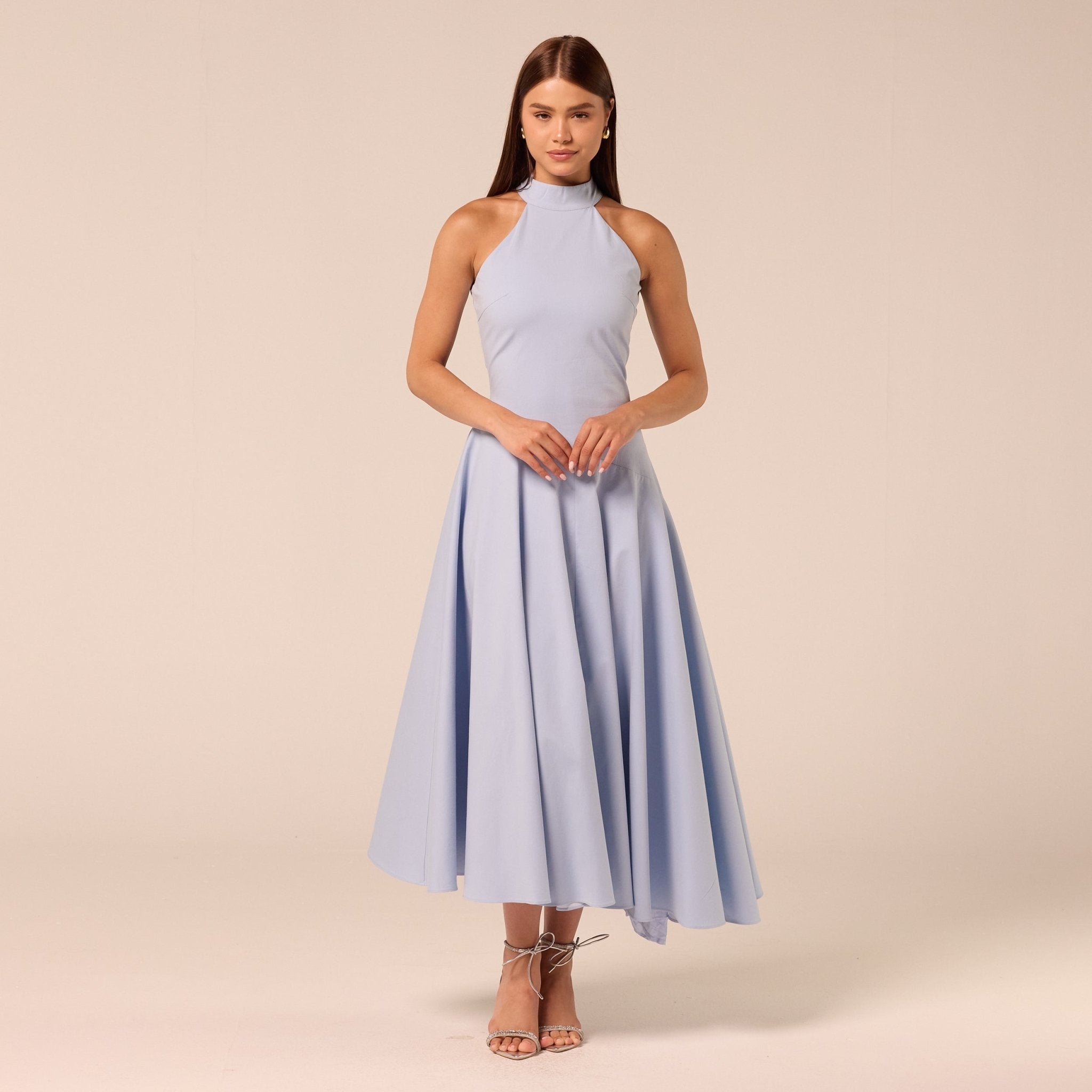 Blue High-Neck Poplin Midi Dress - shopaleena