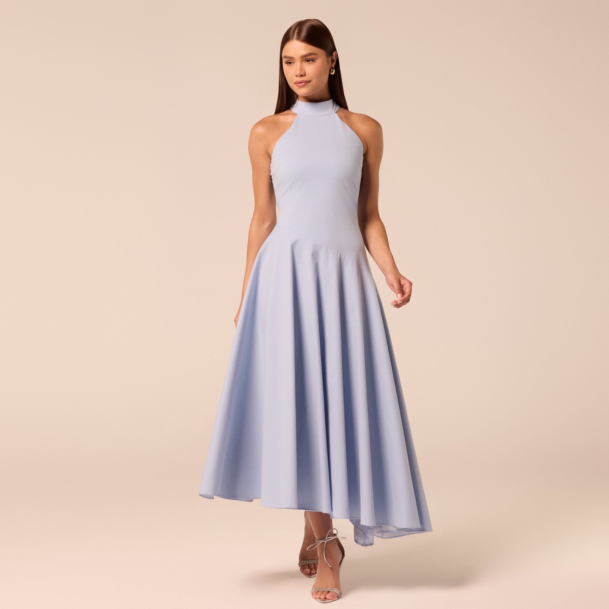Blue High-Neck Poplin Midi Dress - shopaleena