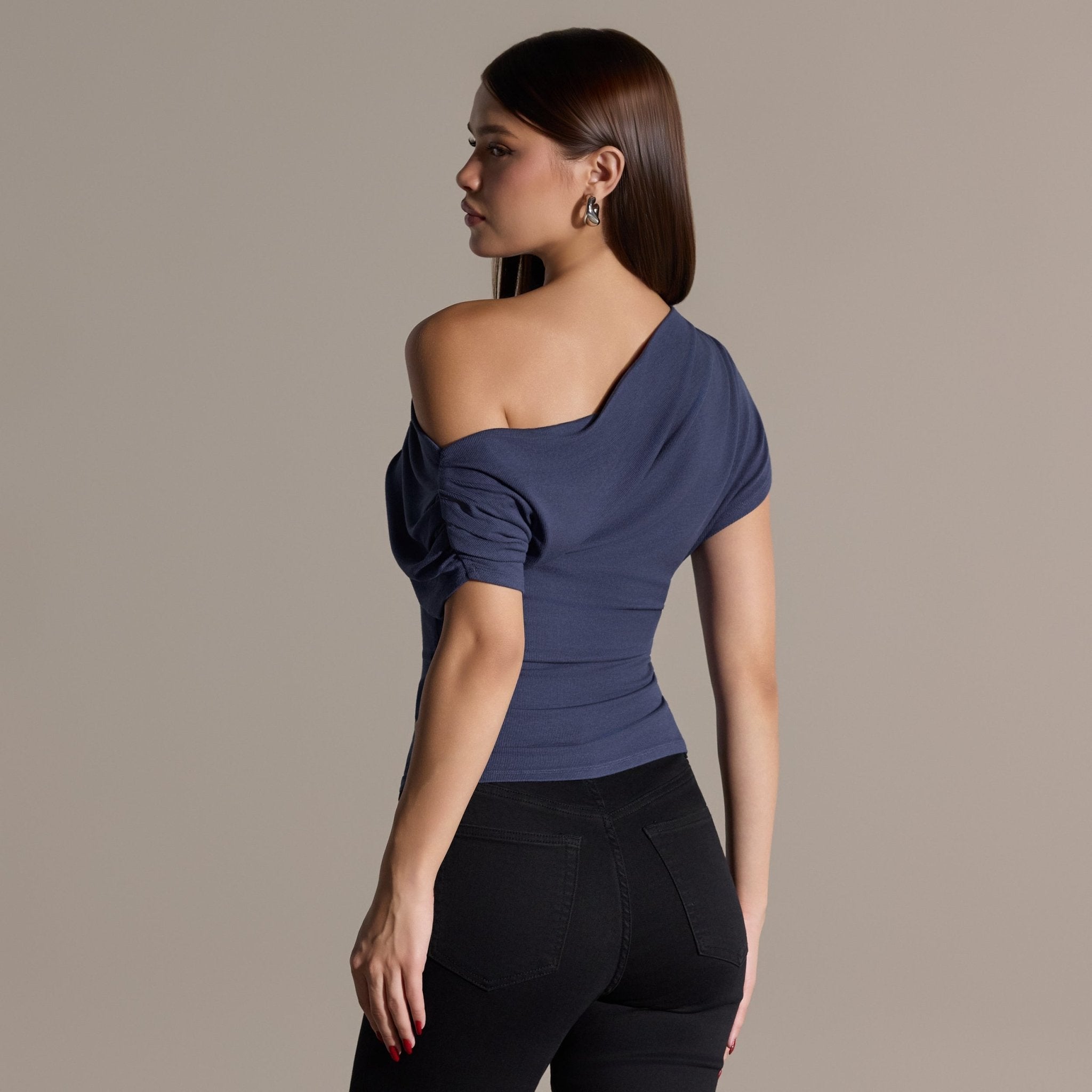 Blue Off shoulder Fitted Top - shopaleena