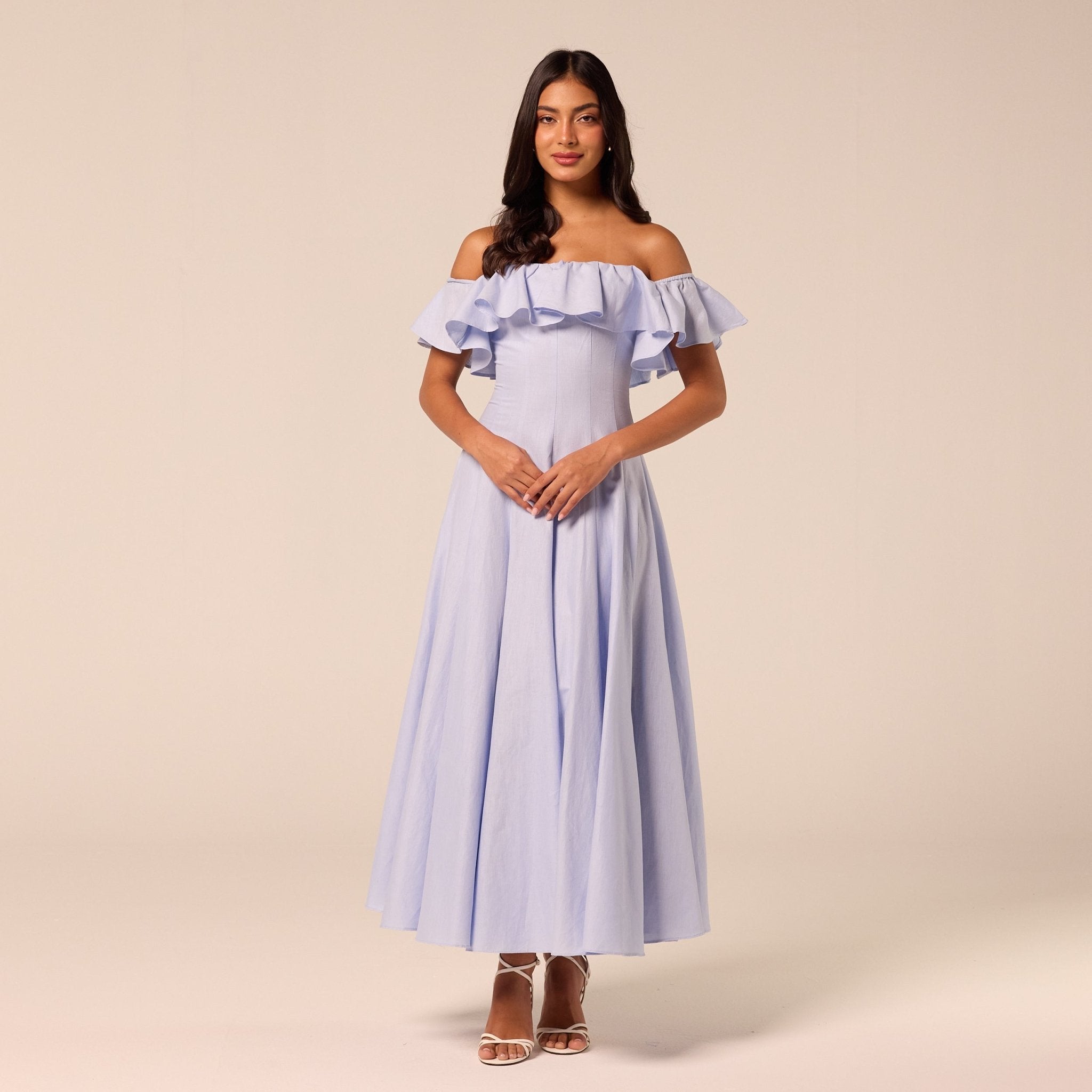 Blue Off Shoulder Ruffle Linen Maxi Dress - shopaleena