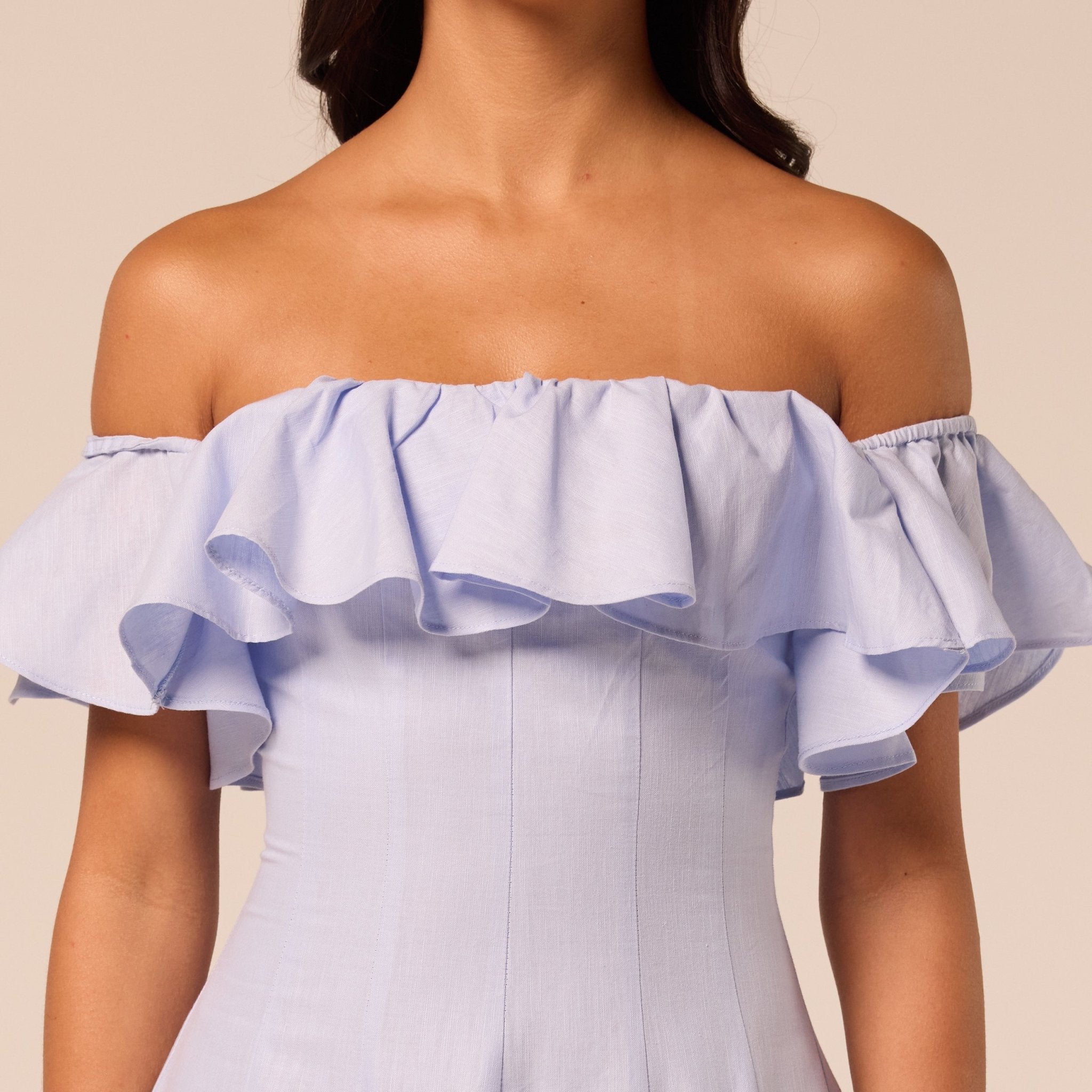 Blue Off Shoulder Ruffle Linen Maxi Dress - shopaleena