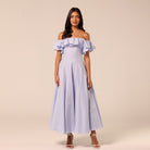 Blue Off Shoulder Ruffle Linen Maxi Dress - shopaleena