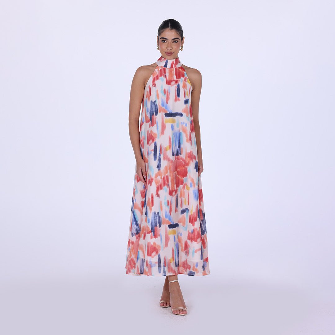 Blue Peach Printed Back Bow Maxi Dress - shopaleena