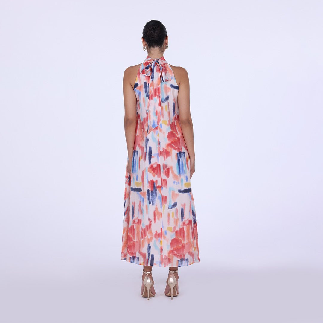 Blue Peach Printed Back Bow Maxi Dress - shopaleena