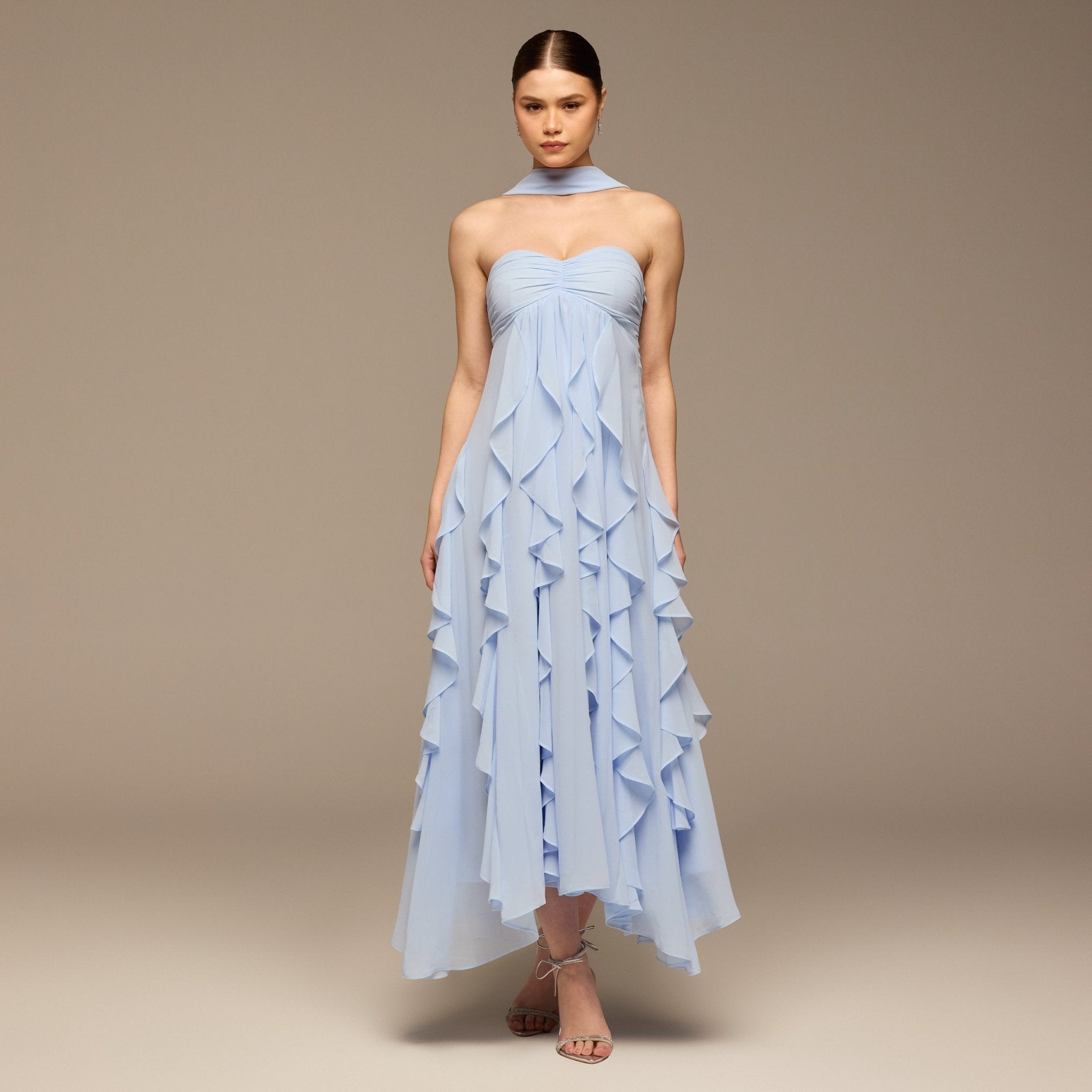 Blue Strapless Ruffle Chiffon Maxi Dress - shopaleena