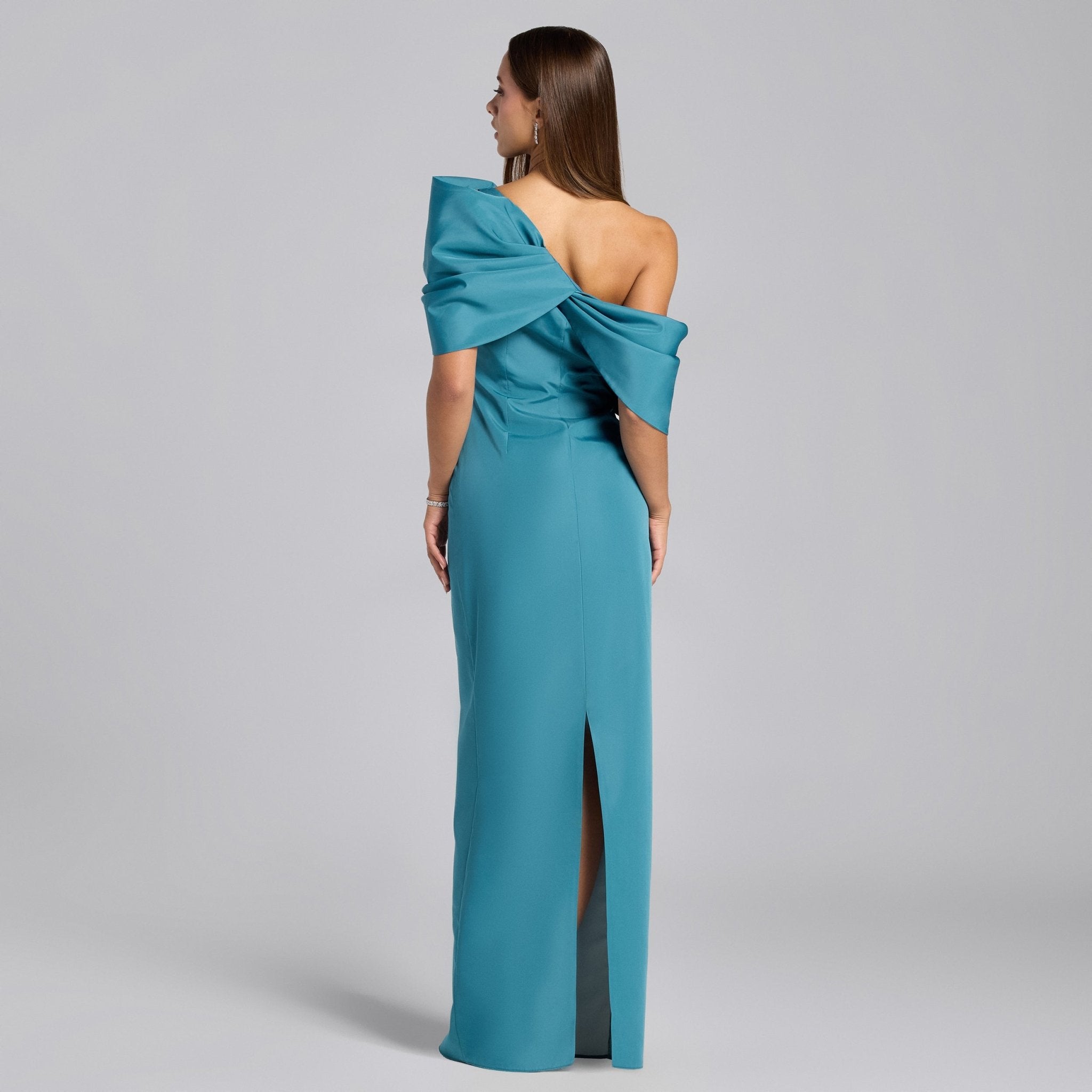 Blue Taffeta Off Shoulder Draped Maxi Dress - shopaleena