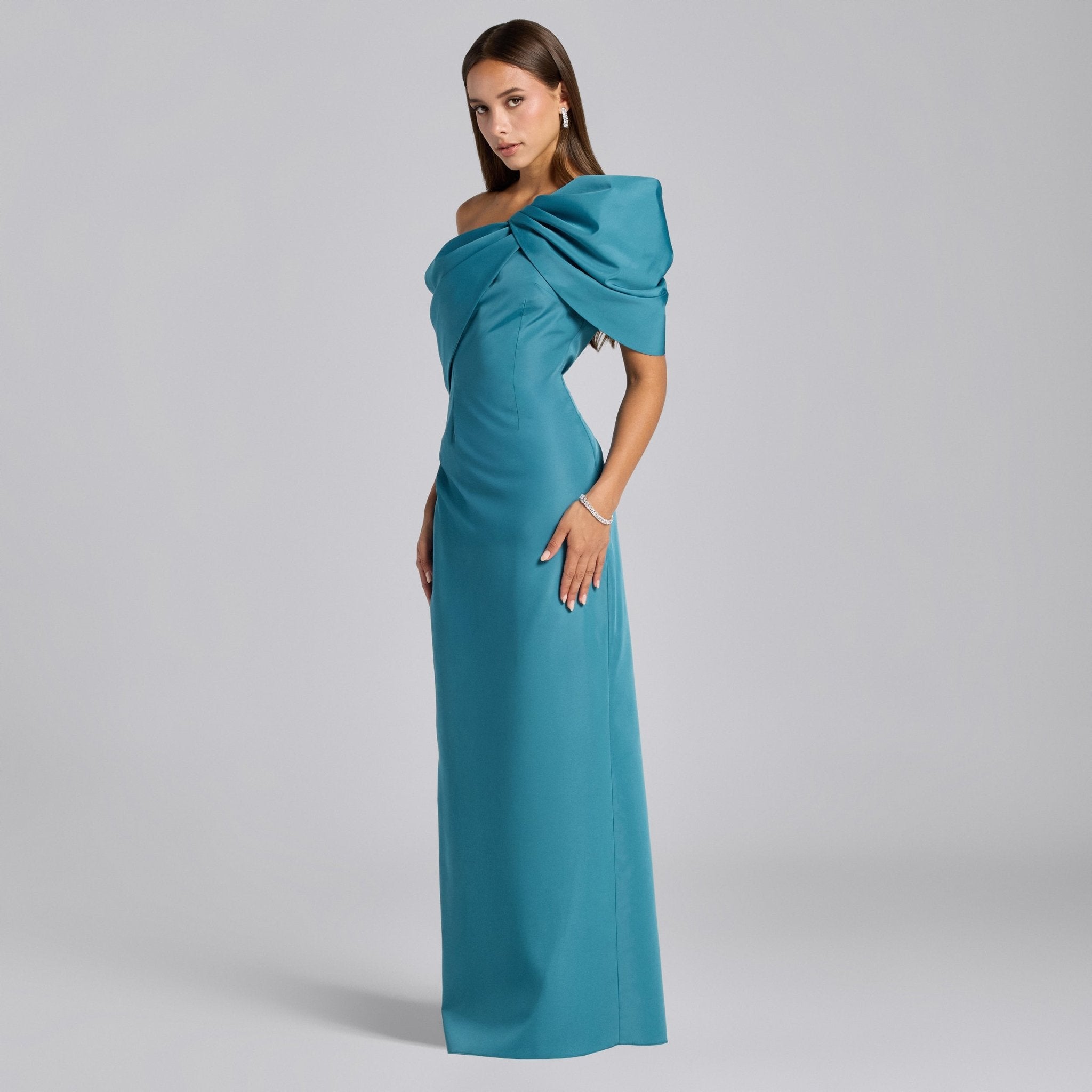 Blue Taffeta Off Shoulder Draped Maxi Dress - shopaleena