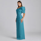Blue Taffeta Off Shoulder Draped Maxi Dress - shopaleena
