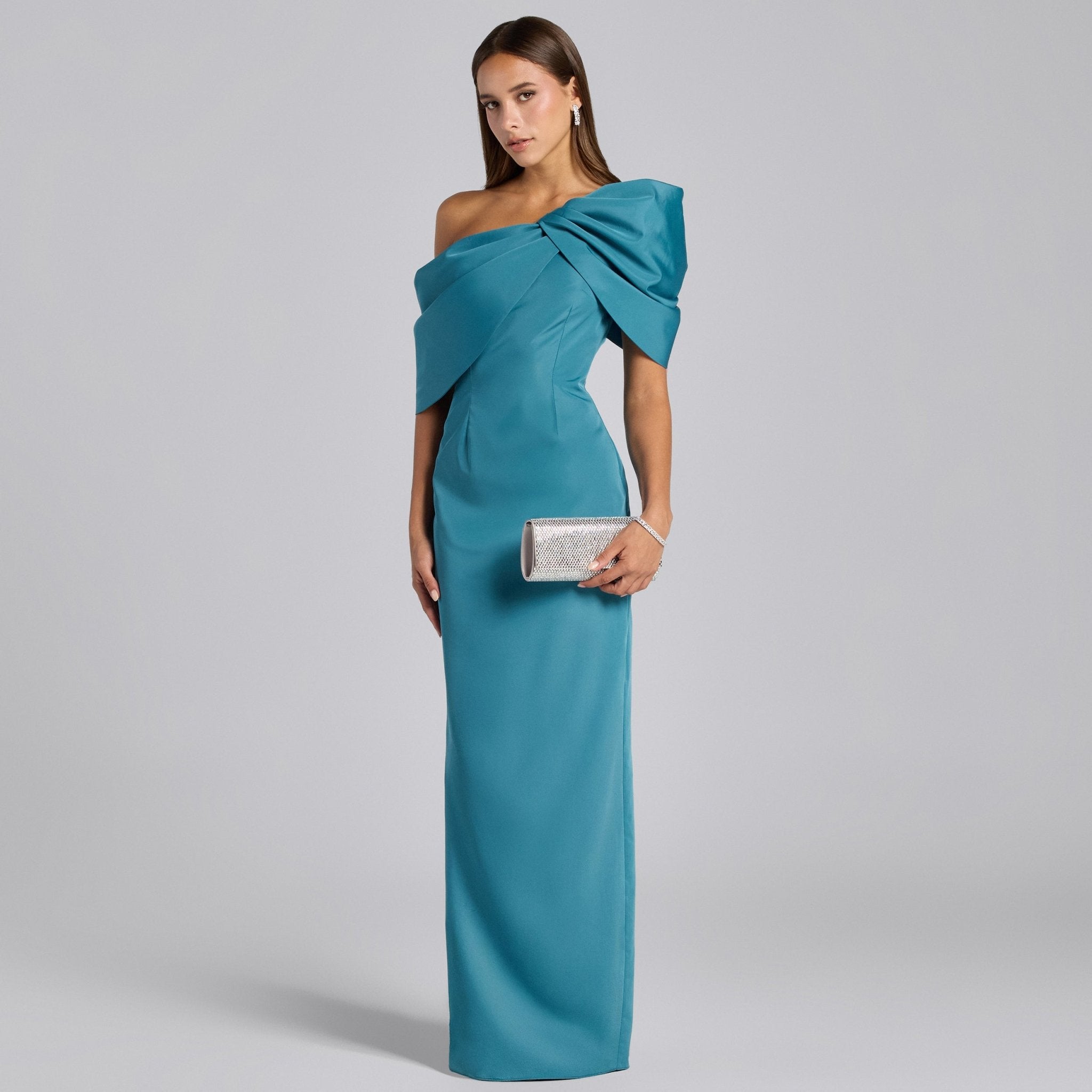 Blue Taffeta Off Shoulder Draped Maxi Dress - shopaleena