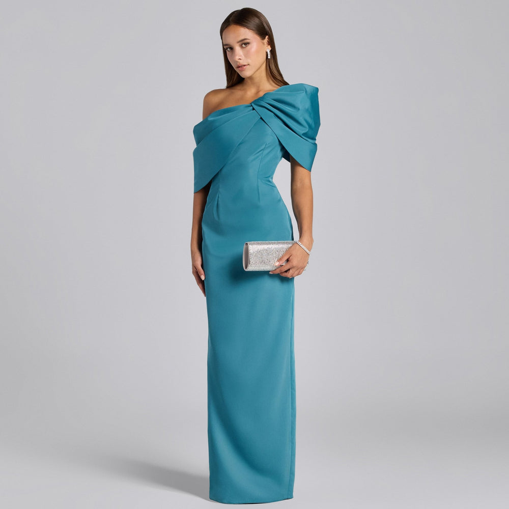 Blue Taffeta Off Shoulder Draped Maxi Dress - shopaleena