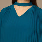 Blue V - Neck All Over Pleated Chiffon Maxi Dress - shopaleena