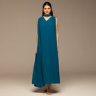 Blue V - Neck All Over Pleated Chiffon Maxi Dress - shopaleena