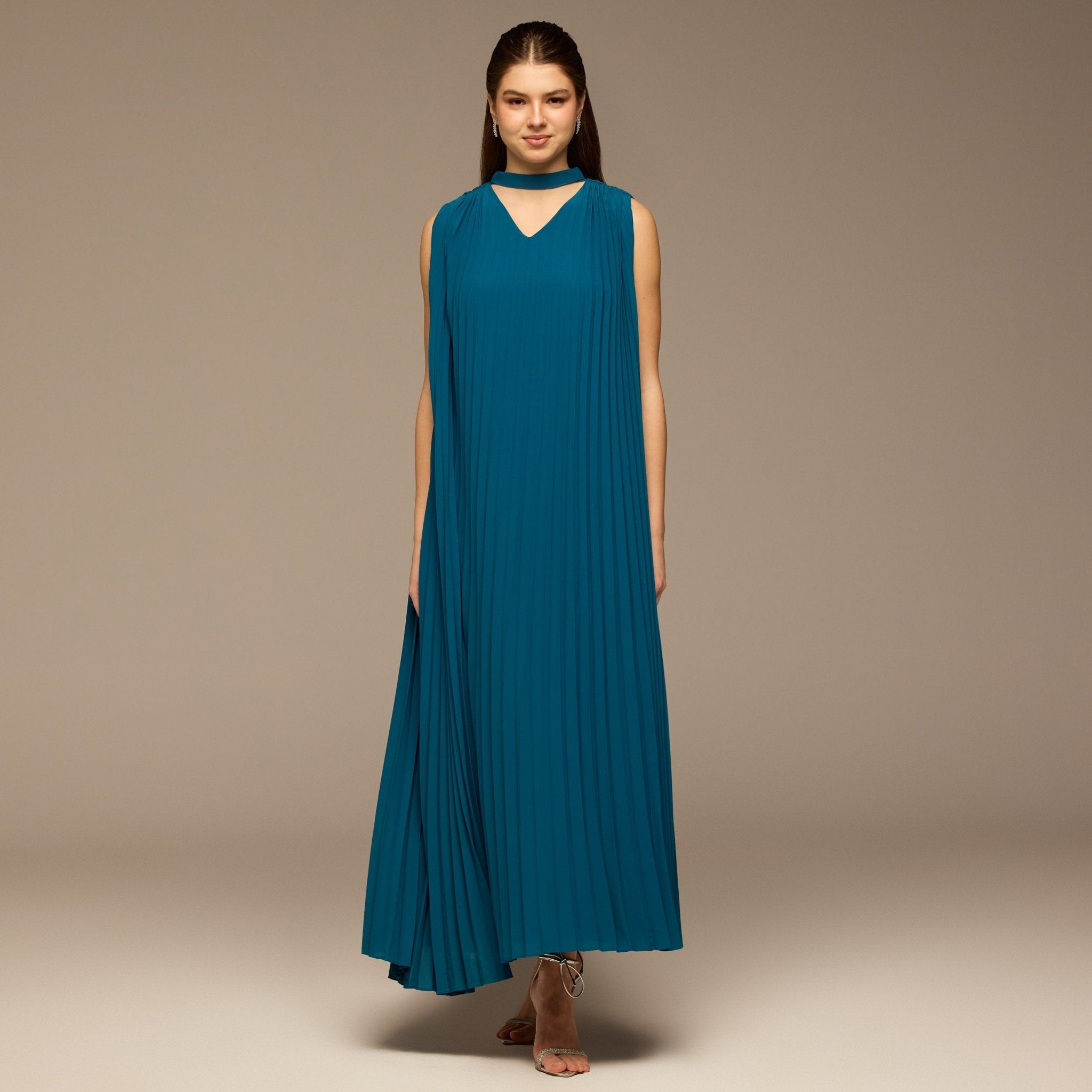 Blue V - Neck All Over Pleated Chiffon Maxi Dress - shopaleena