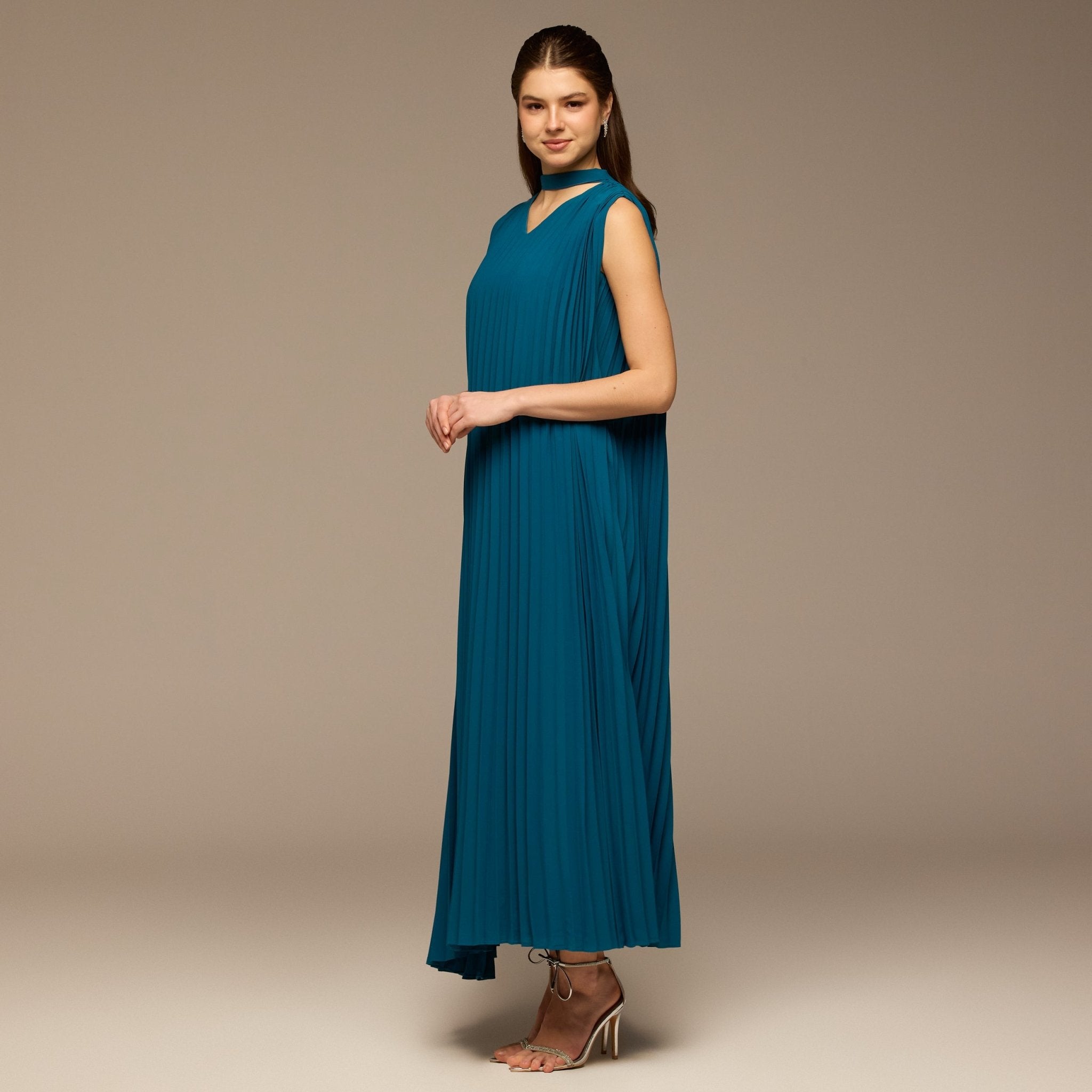 Blue V - Neck All Over Pleated Chiffon Maxi Dress - shopaleena