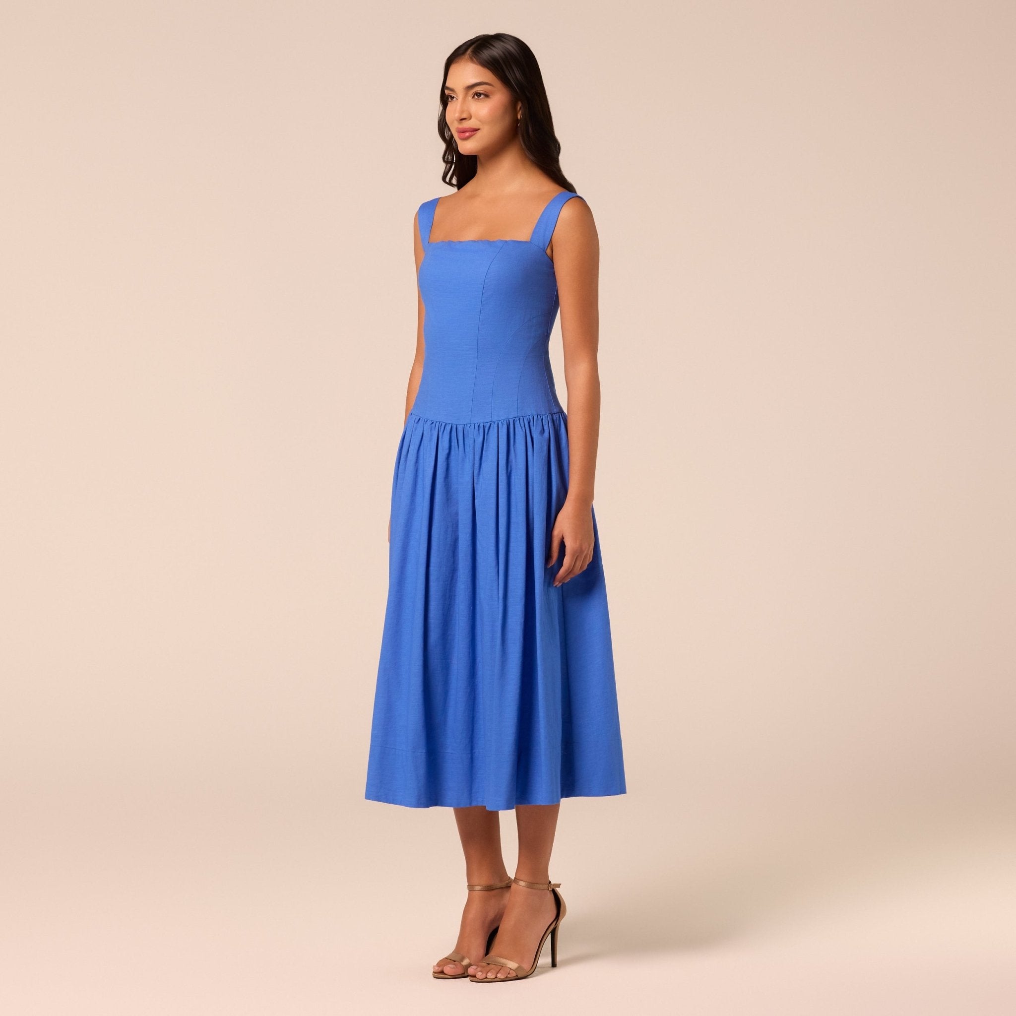 Blue Wide Strap Linen Midi Dress - shopaleena