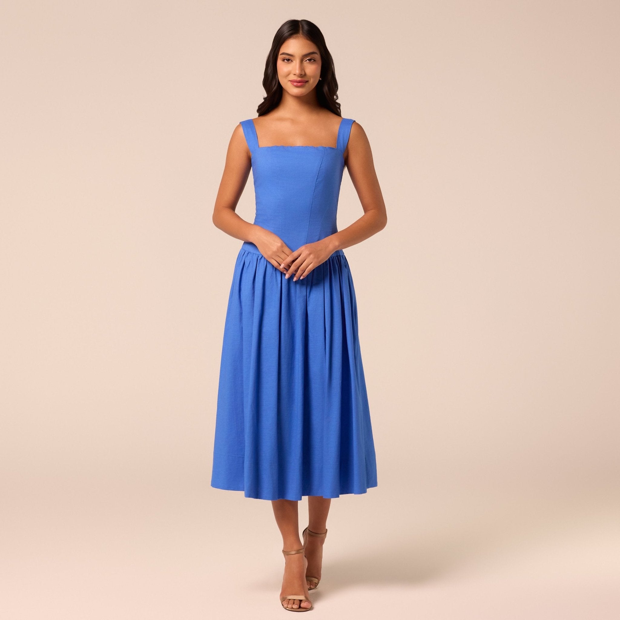 Blue Wide Strap Linen Midi Dress – shopaleena