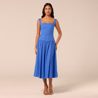Blue Wide Strap Linen Midi Dress - shopaleena