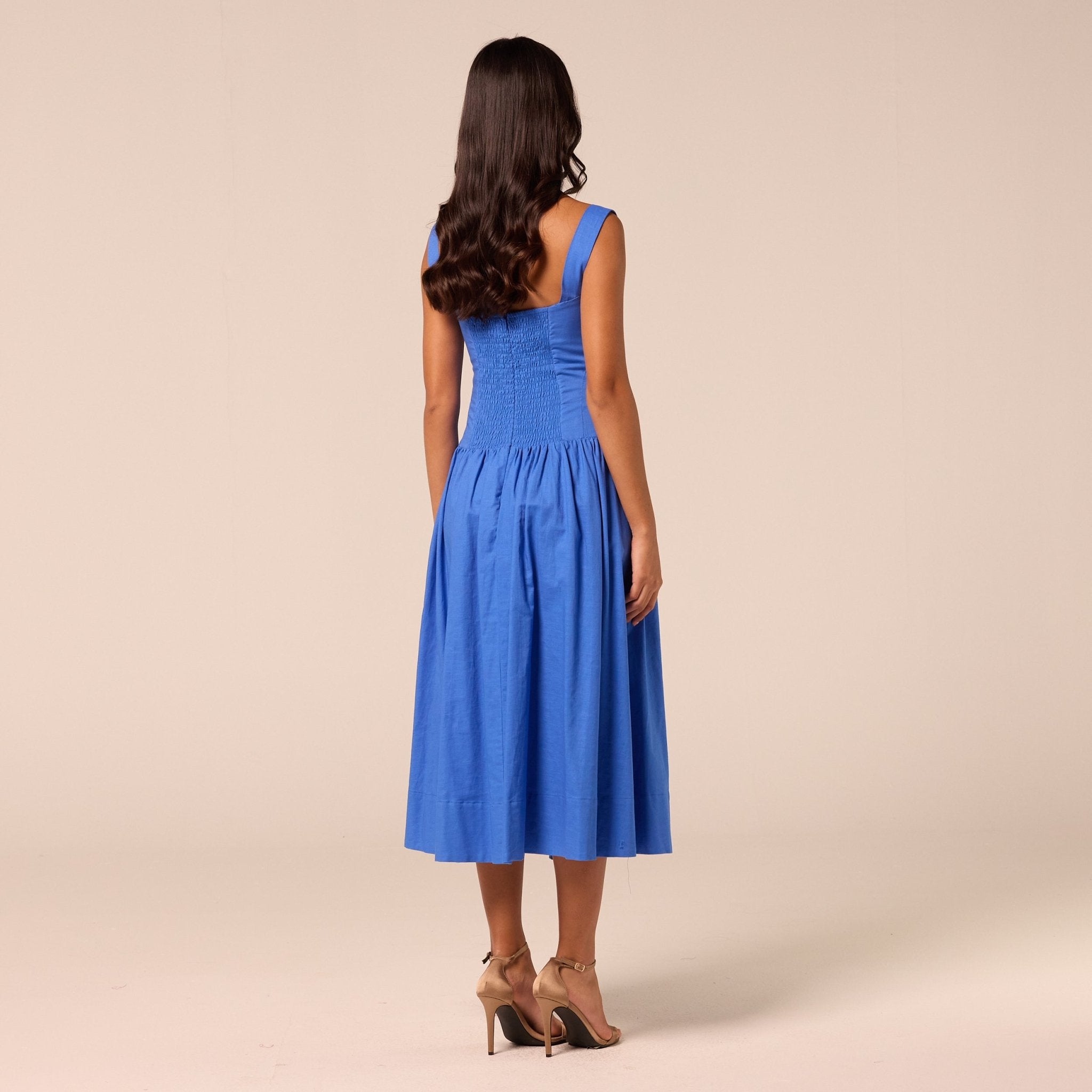 Blue Wide Strap Linen Midi Dress - shopaleena