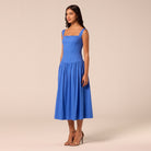 Blue Wide Strap Linen Midi Dress - shopaleena