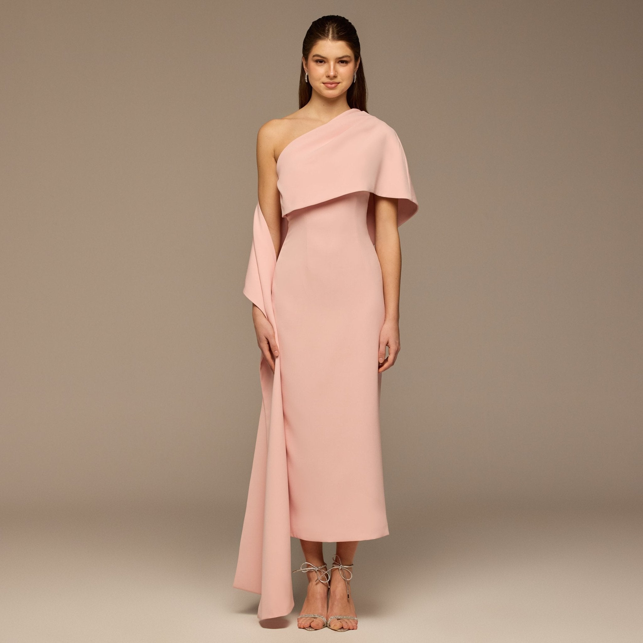 Blush One Shoulder Draped Crepe Dress - shopaleena