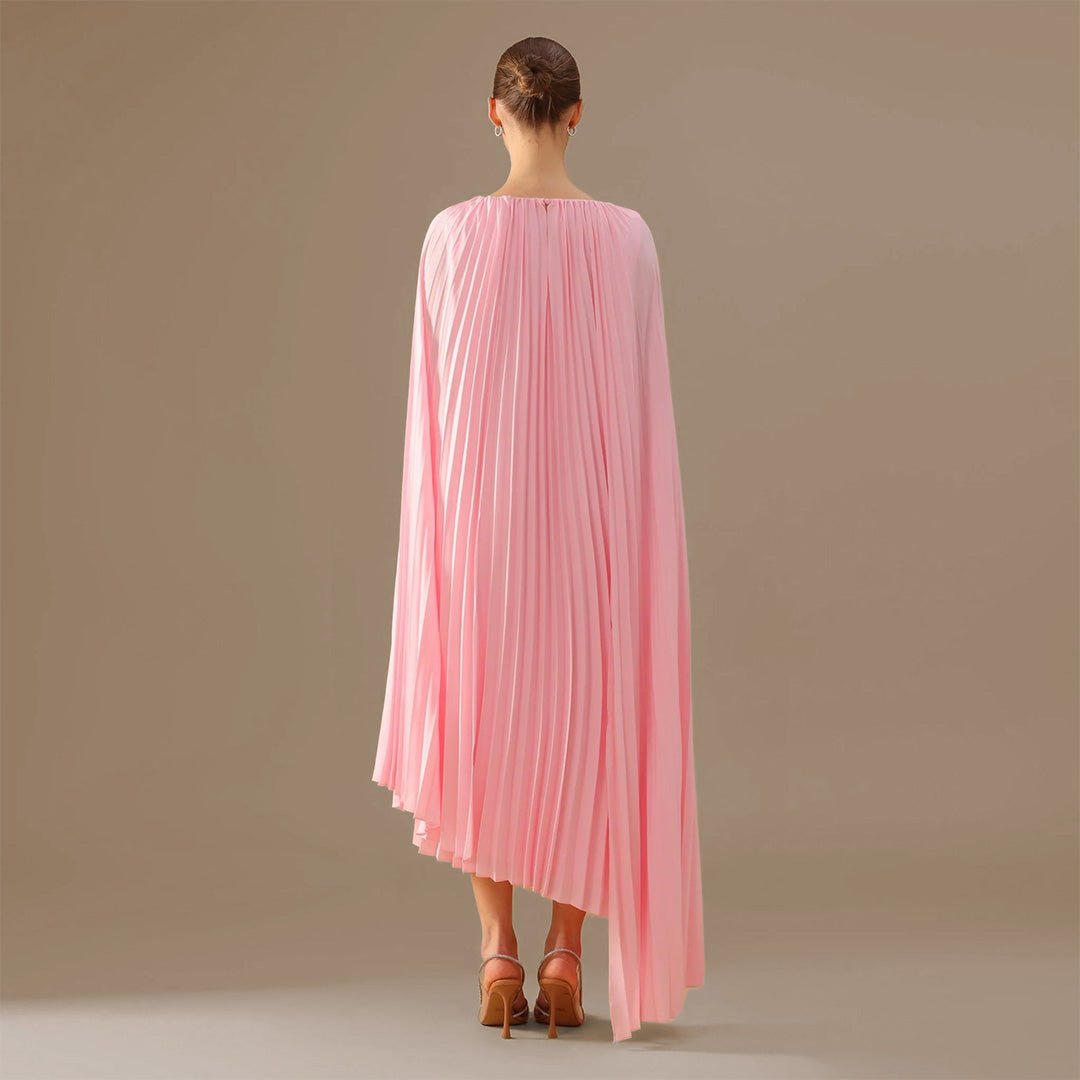 Boat Neckline Long Sleeve Pleated Dress - shopaleena