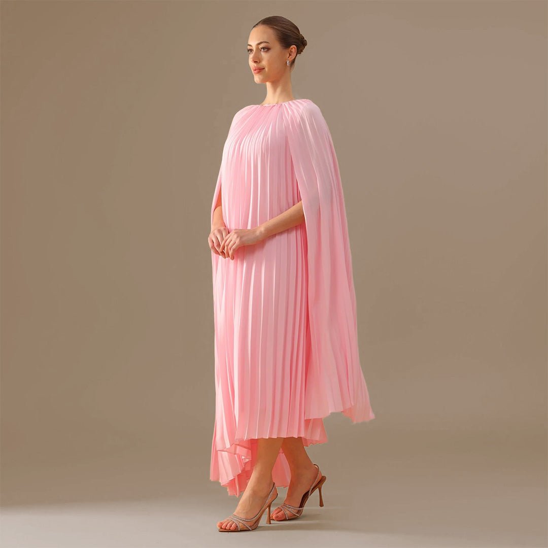 Boat Neckline Long Sleeve Pleated Dress - shopaleena