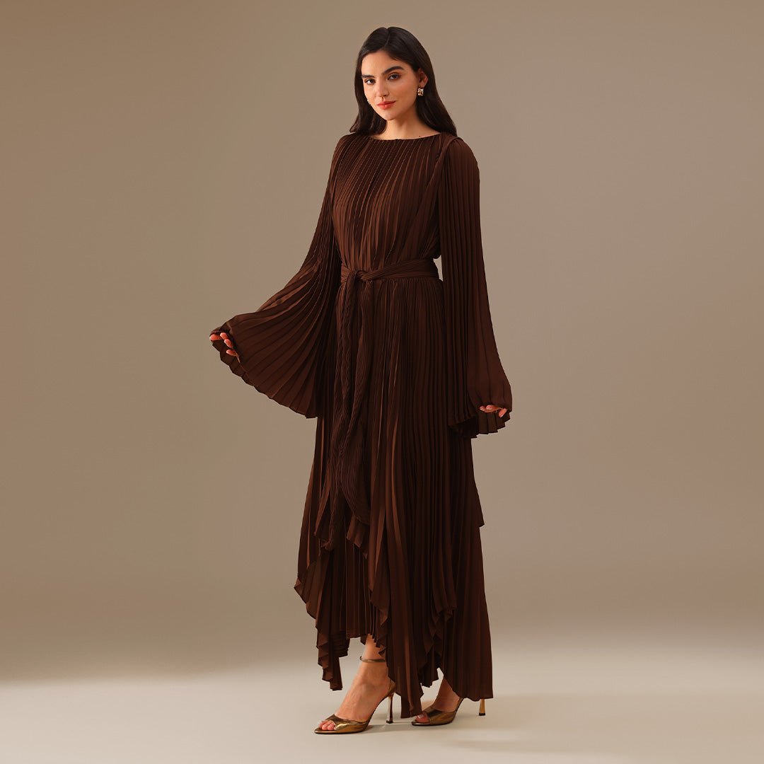 Brown All Pleats Long Sleeve Chiffon Dress - shopaleena