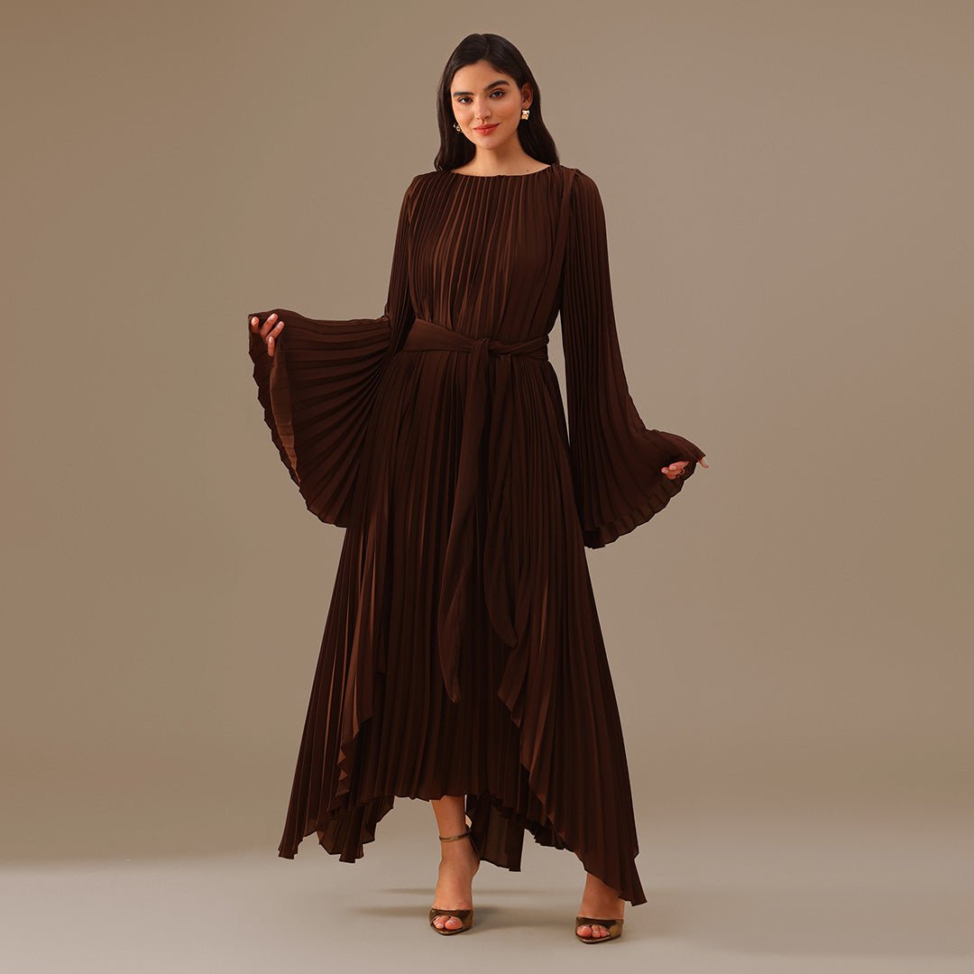 Brown All Pleats Long Sleeve Chiffon Dress - shopaleena