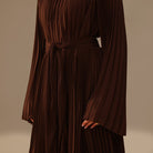 Brown All Pleats Long Sleeve Chiffon Dress - shopaleena