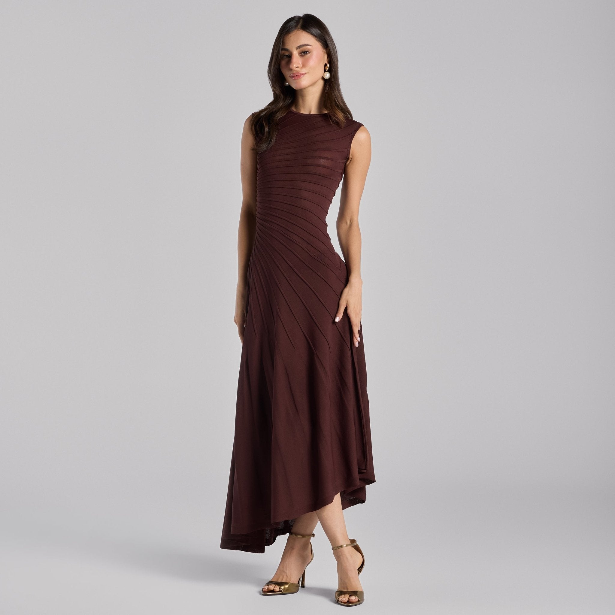 Brown Asymmetric Knit Midi Dress - shopaleena