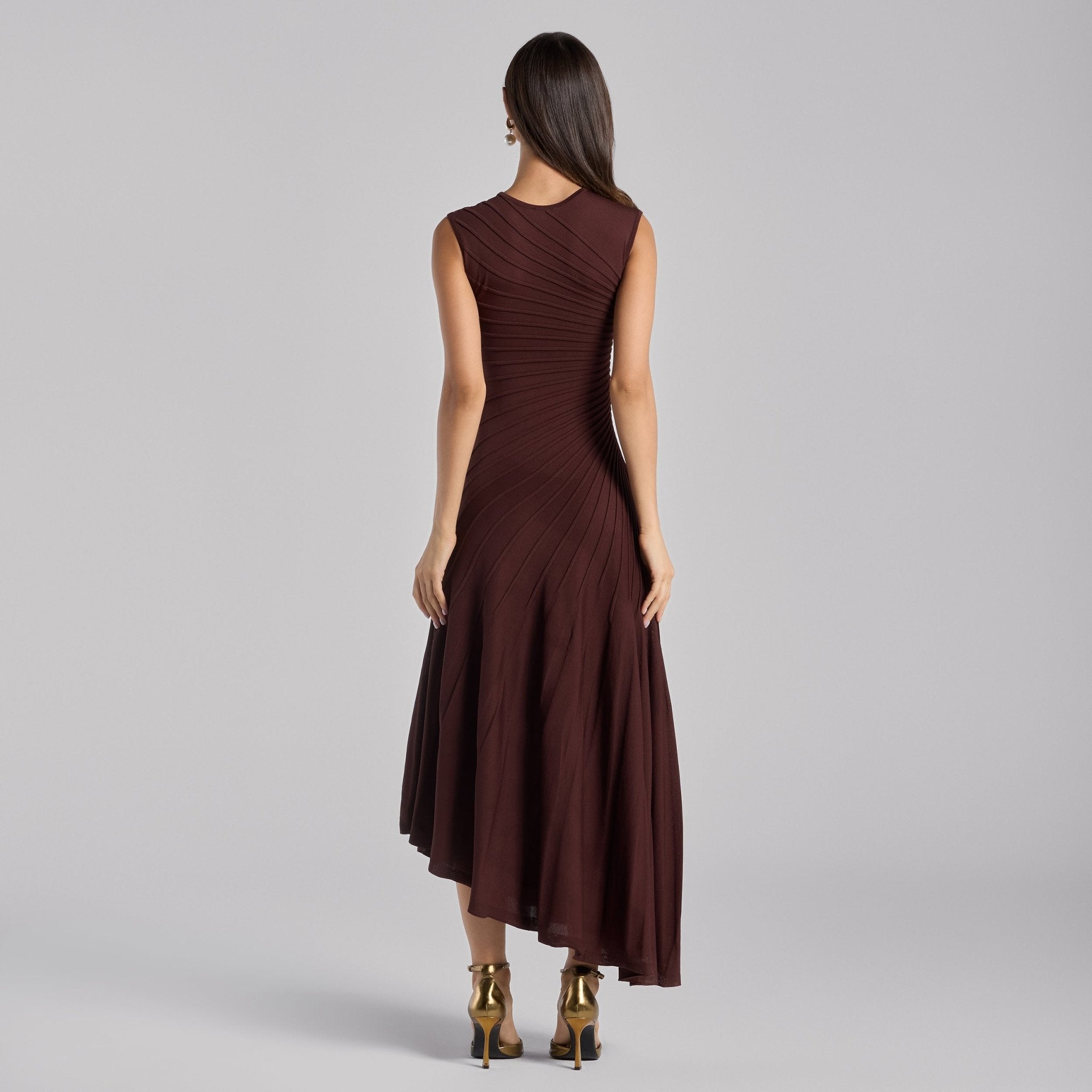 Brown Asymmetric Knit Midi Dress - shopaleena