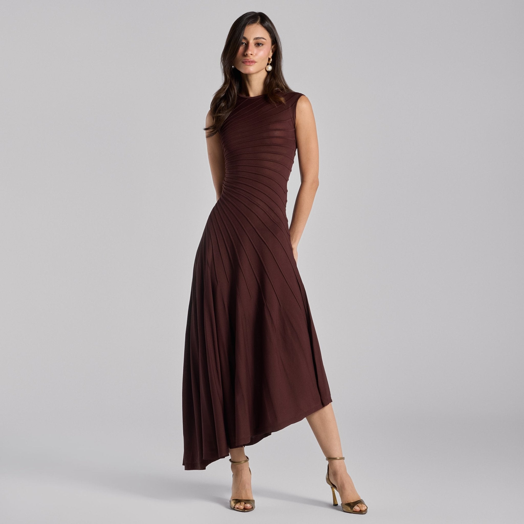 Brown Asymmetric Knit Midi Dress - shopaleena