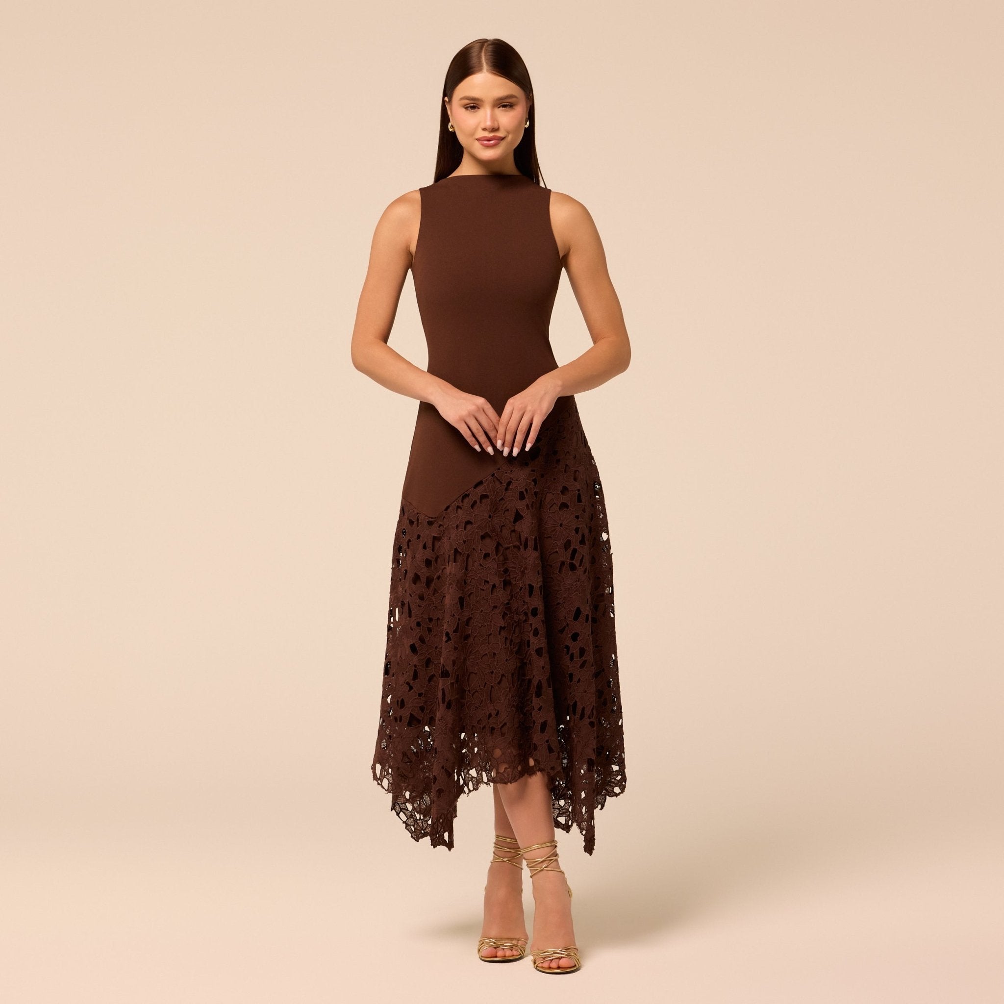 Brown Asymmetric Lace-Overlay Crepe Dress – shopaleena