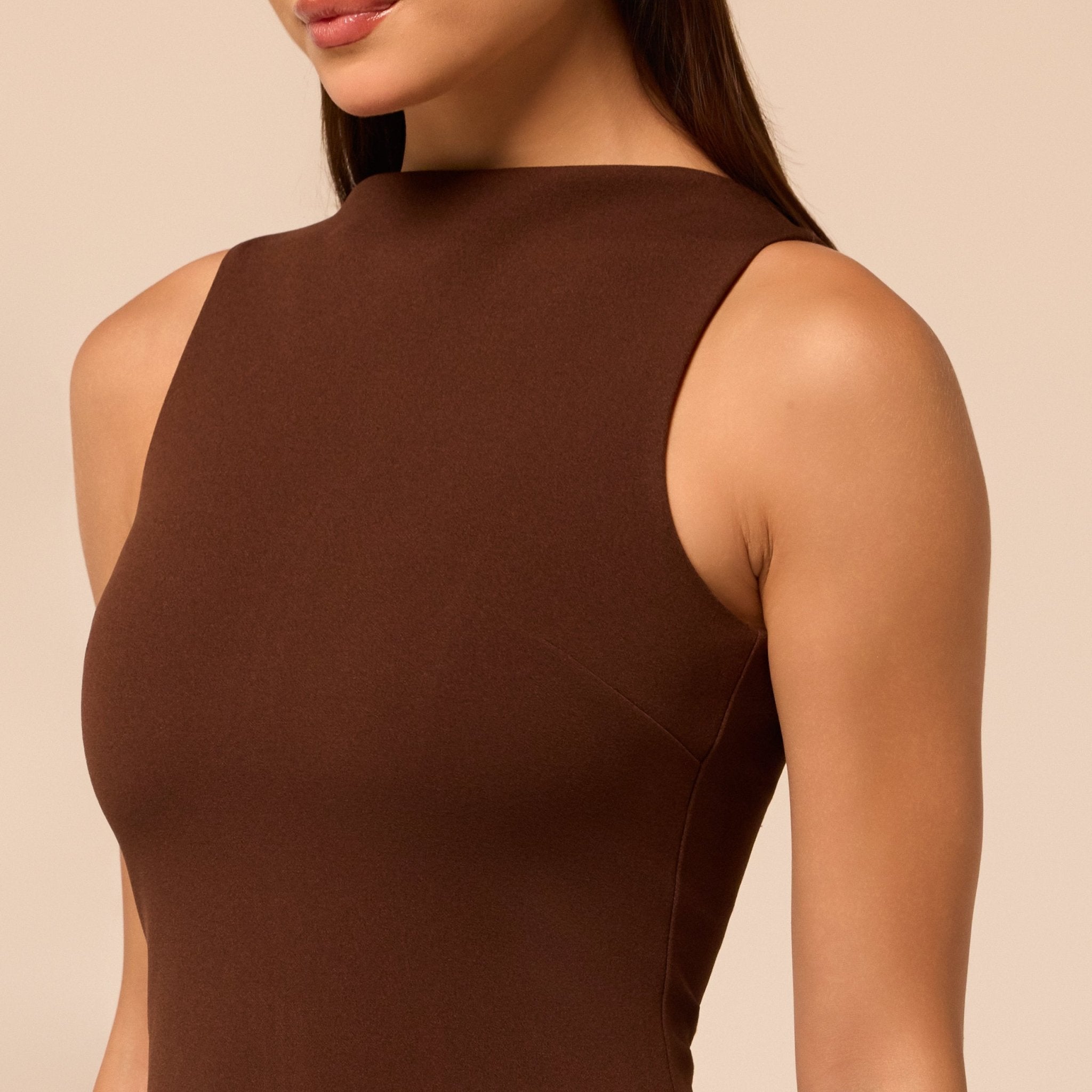 Brown Asymmetric Lace-Overlay Crepe Dress - shopaleena