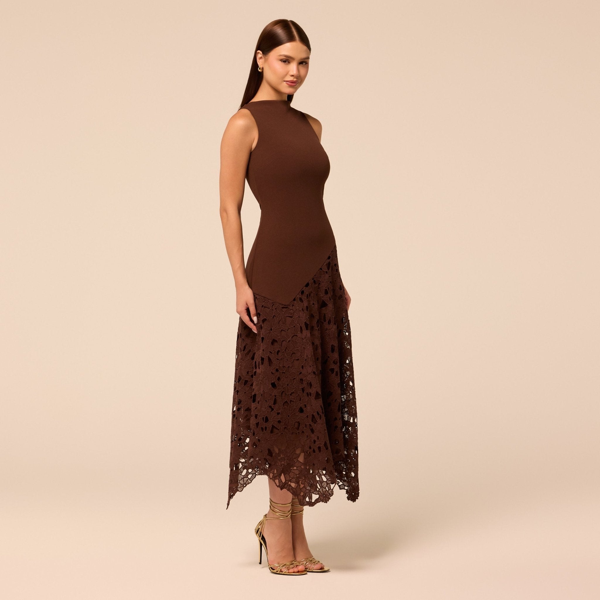 Brown Asymmetric Lace-Overlay Crepe Dress - shopaleena